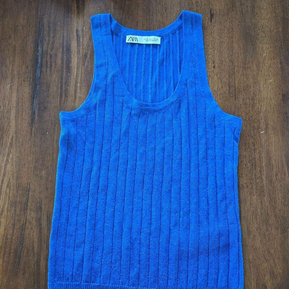 Zara Women's Ribbed Blue Knit Tank Top Sz S